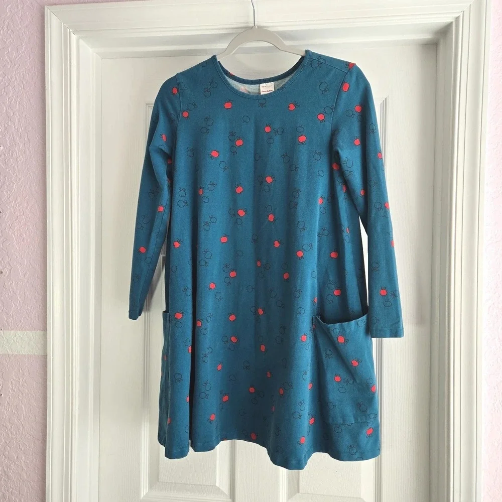 Hanna Andersson Apple Print Dress Size 160 Girl's 14-16 Blue‎ Long Sleeve A-Line